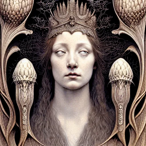 Image similar to detailed realistic beautiful young medieval queen face portrait by jean delville, gustave dore, iris van herpen and marco mazzoni, art forms of nature by ernst haeckel, art nouveau, symbolist, visionary, gothic, neo - gothic, pre - raphaelite, fractal lace, intricate alien botanicals, ai biodiversity, surreality, hyperdetailed ultrasharp octane render