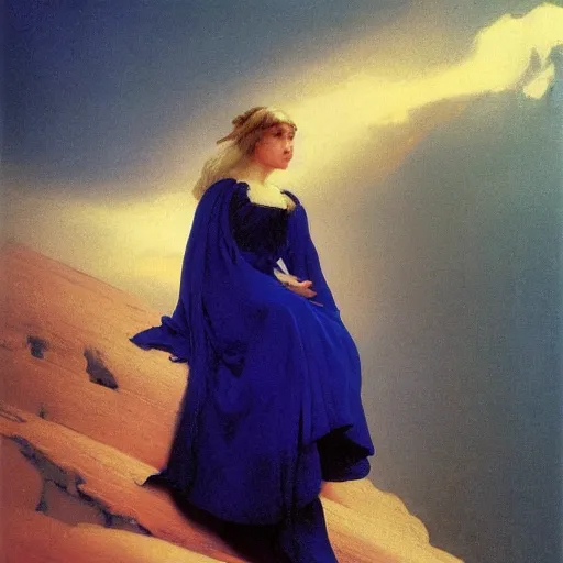 Image similar to a young woman's face, her hair is white and she wears a cobalt blue satin cloak, by ivan aivazovsky and syd mead and moebius and gaston bussiere and roger dean and pieter claesz and paul delaroche and alma tadema and aelbert cuyp, hyperrealistic, volumetric light, octane render