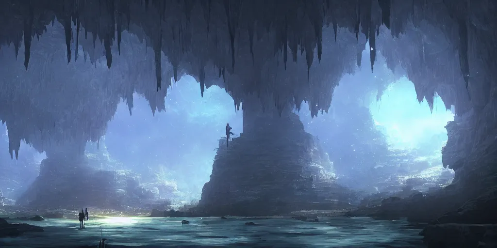 Prompt: an eerie deep cave landscape by makoto shinkai