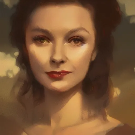 Prompt: a closeup portrait of a young vivian leigh, lake background, gorgeous view, sunset, film noir, serene, depth, by greg rutkowski, digital art, trending on artstation