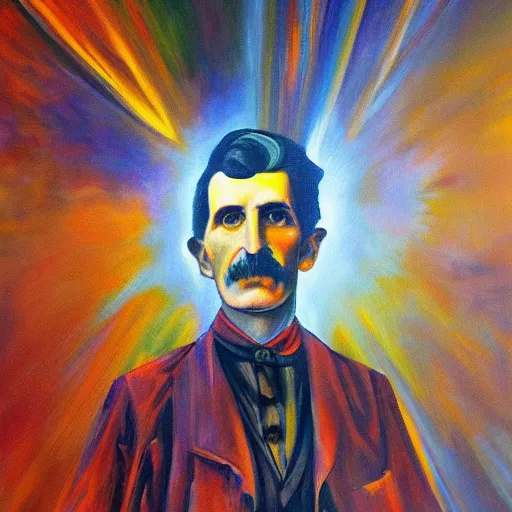 Prompt: an abstract painting of Nikola Tesla, lightning in the background, crazy