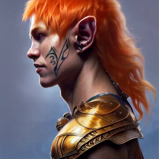 Image similar to portrait painting of an elven male teen with short light orange hair and tribal tattoos on his face wearing fur armor, ultra realistic, concept art, intricate details, eerie, highly detailed, photorealistic, octane render, 8 k, unreal engine. art by artgerm and greg rutkowski and charlie bowater and magali villeneuve and alphonse mucha