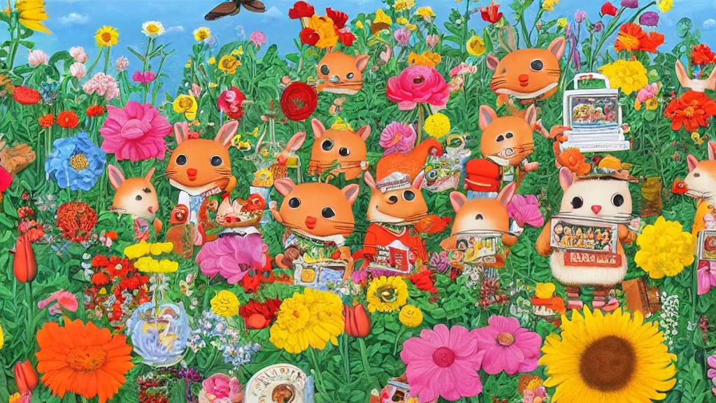 Prompt: highly detailed richard scarry oil painting of a heart surrounded by all the known species of flowers