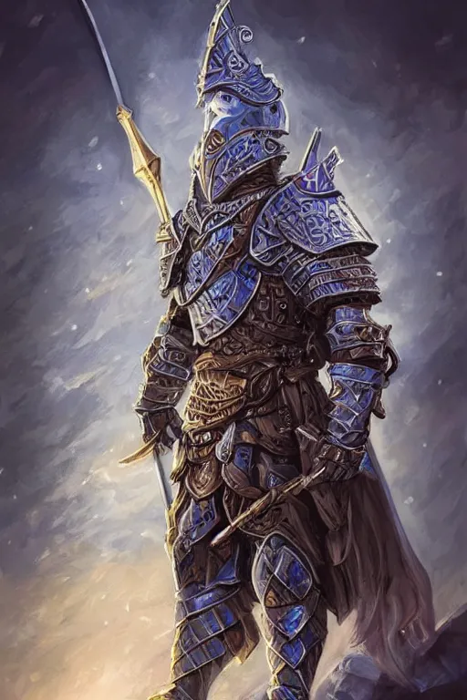 Prompt: Fantasy Paladin holding a tower shield and a spear, wearing an intricate azure full plated armor, Wolf companion by their side, moonlit, HD, illustration, epic, D&D, fantasy, intricate, elegant, highly detailed, digital painting, artstation, concept art, smooth, sharp focus, illustration, art by artgerm and greg rutkowski and alphonse mucha