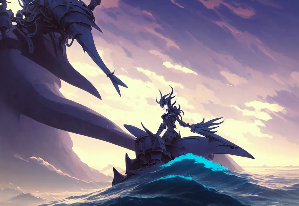 Image similar to close up of a extremely beautiful and aesthetic mech armor witch holding a symmetrical trident, highly detailed face, attractive symmetrical eyes, back shark fin, big wave horizon, dynamic model pose, slightly smiling, blue sky, big blade whale and black giants mech minotaurus, epic scene, fantasy illustrations, by makoto shinkai and peter mohrbacher and ferdinand knab