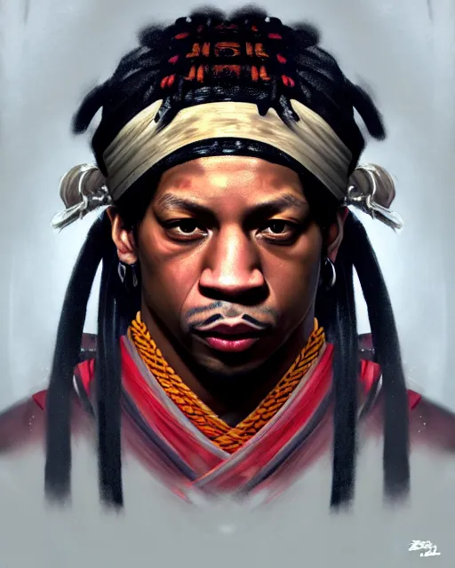 Image similar to face portrait of young allen iverson as a muscular ronin samurai, wearing a haori, by wlop and peter mohrbacher, dramatic action pose, extremely detailed shading, concept art, digital painting, trending on artstation, unreal engine 5, octane render, atmosphere, glow, cinematic lighting, full of color