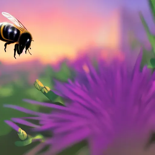 Prompt: A bee flying into a flower during a sunset, award winning, trending on artstation, unreal engine