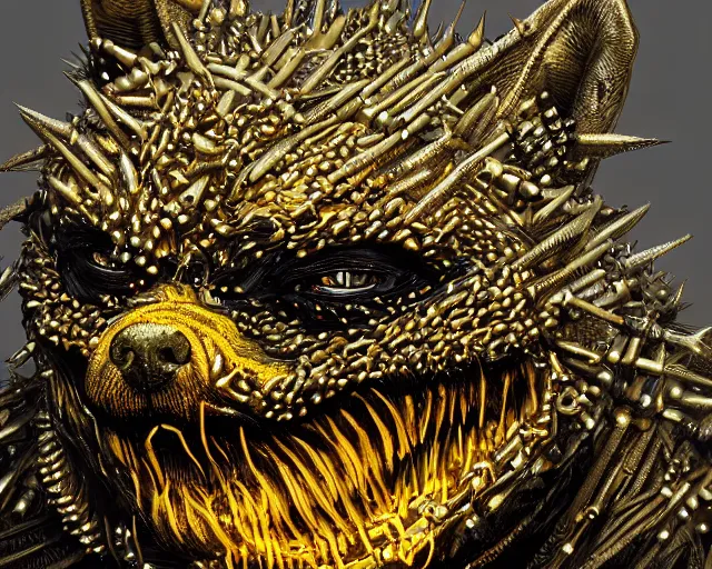 Image similar to Haunting horrifying hyperrealistic detailed painting of a fat dog canine creature made of spikes, heavy metal, disgusting, creepy, unsettling, and glowing golden yellow eyes, hyper detailed, trending on Artstation