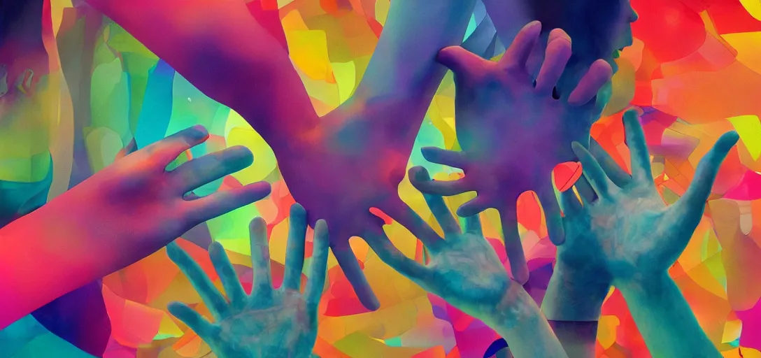 Image similar to xray of couple hands holding, colourful vfx art, art by hsiao, ron cheng, james jean, presented as magazine collage style, volumetric light, colourful, sharp, detailed, digital painting, illustration, illustration, magazine collage, highly detailed, intricate detail, unreal engine, octae render