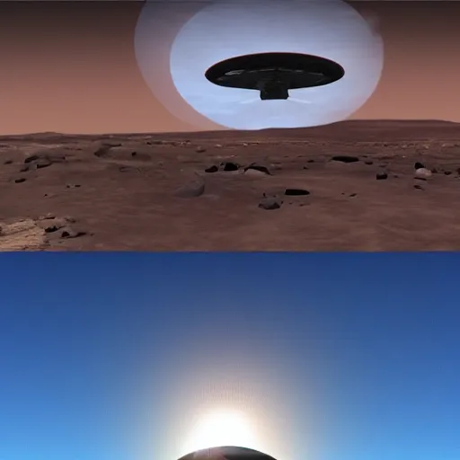 Image similar to bus moves next to alien spaceship on the mars