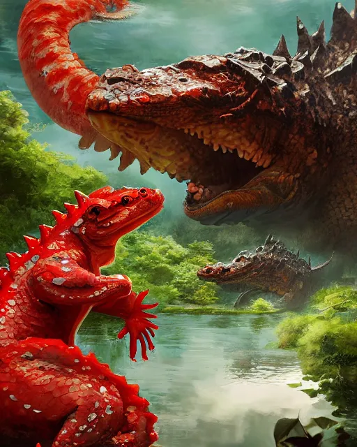 Prompt: Godzilla-like game character beautiful giant kaiju sized pond dragon half fish half salamander, wet amphibious skin, red salamander, axolotl creature, koi pond, korean village by Ruan Jia and Gil Elvgren, fullbody