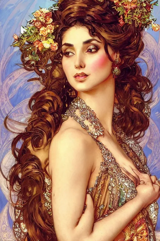 Prompt: closeup portrait of a beautiful arabian woman wearing flowing gown, holding a bouquet of flowers, hands disappeared under the bouquet, flowing hair, desert, bubbles from the mouth, fantasy, regal, intricate, art nouveau, swirly intricate linework background by stanley artgerm lau, greg rutkowski, thomas kinkade, alphonse mucha, loish, norman rockwell