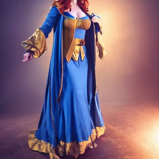 Image similar to Triss Merigold cosplay, beautiful ornate blue and gold robe, golden ornamental leaf shaped festoon, warmly lit posh study, cinematic dramatic lighting, gorgeous female model, unreal engine, cinematic film still, highly detailed