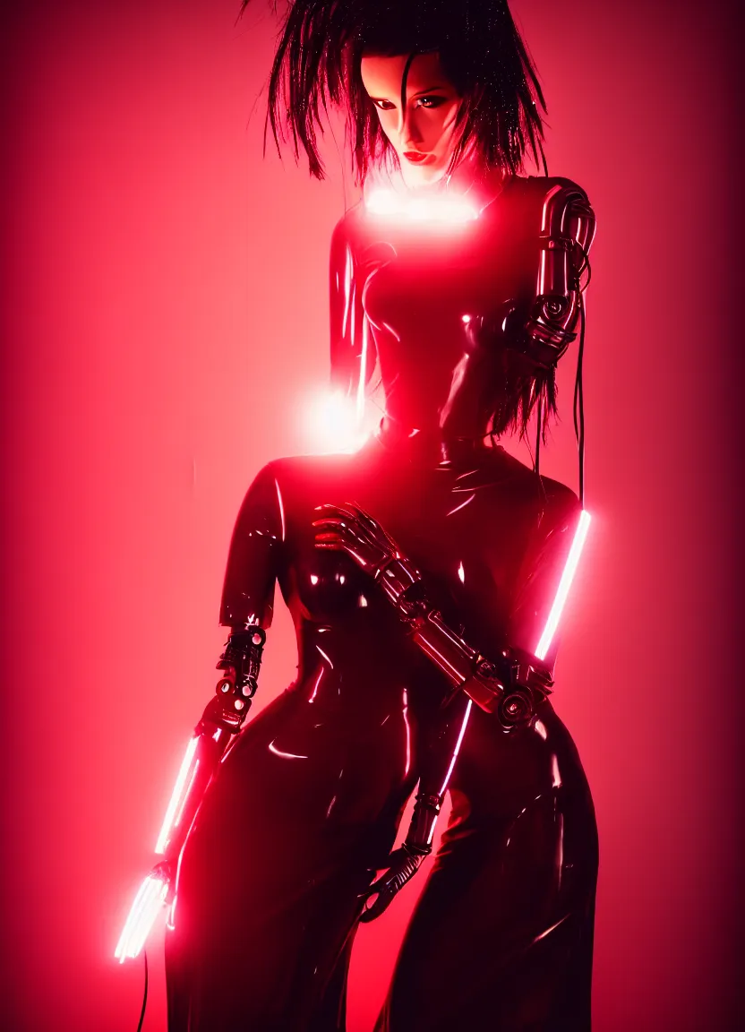 Image similar to woman, android, black hair, cyberpunk, artificial limbs, circuit, mechanisms, tattoos, neon lights, hard light, glamour, vogue photoshoot, fashion, lens flare, long dress, red dress, raindrops, rain, wet, wet hair, wet fabric, make - up, leaky make - up, red lipstick