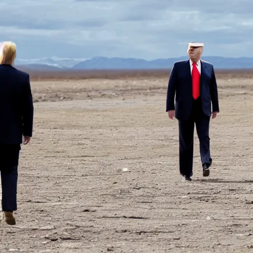 Prompt: donald trump walking in an empty wasteland, post - apocalyptic