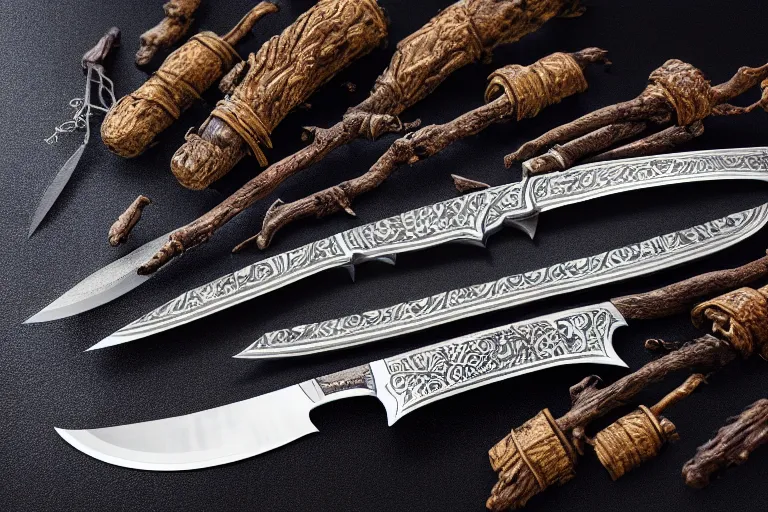 Prompt: a beautiful elaborate highly detailed engraved steel knife with a glossy dark stained oak handle forged by ancient dwarfs in a studio lit black backdrop, product photography, instagram, lotr, unreal engine 5, octane render, 3 d, realisitc, award winning,
