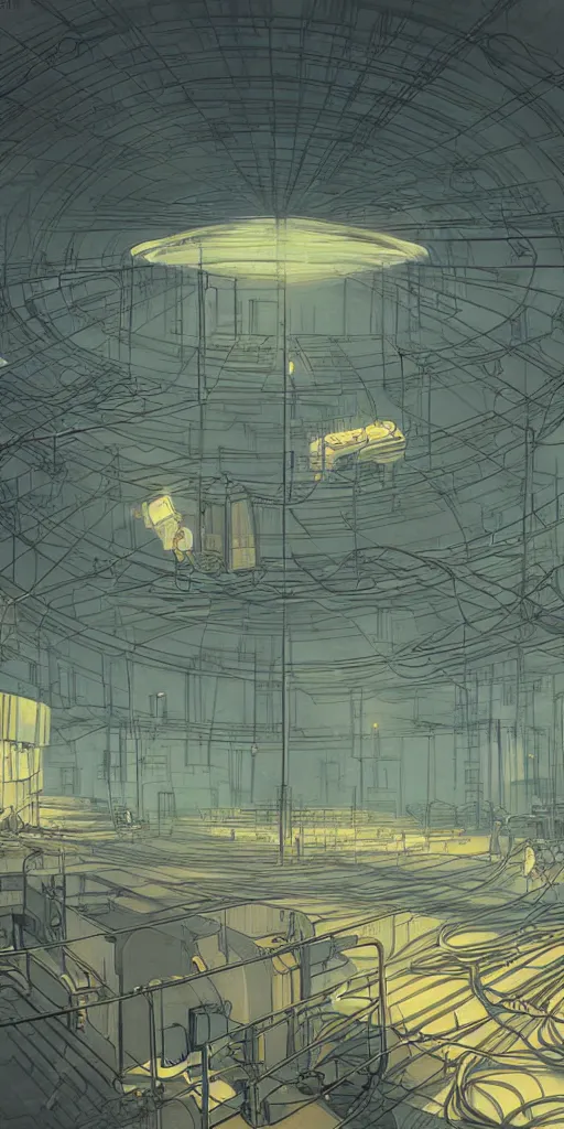 Image similar to underground huge experimental water tanks , mysterious laboratory, thick mist, low ceiling, cables hanging from ceiling, thick cables on ground, ground perspective, god rays of light, huge computer screens, neons, saturated top light , epic scene, scifi, illustration, art by ghibli moebius