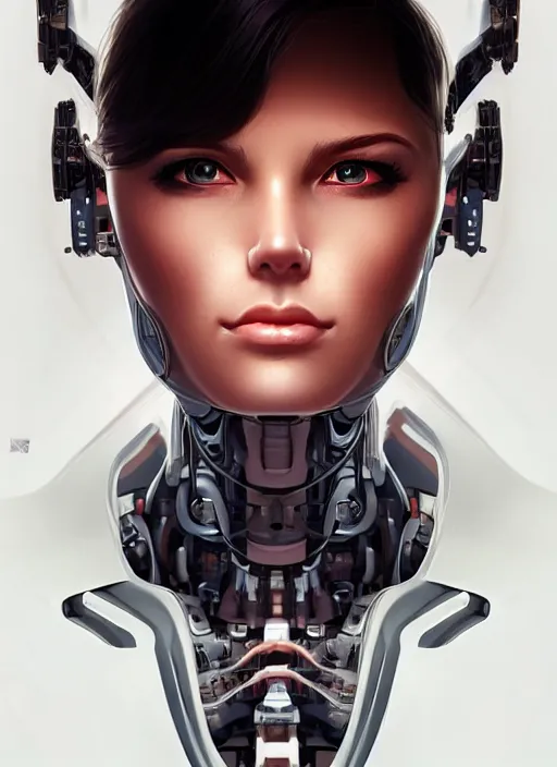 Prompt: portrait of a cyborg woman who turns her head to the ((((((right))))) left+160 (((((up))))) (((((down))))) by Artgerm,eyes closed , biomechanical, hyper detailled, trending on artstation