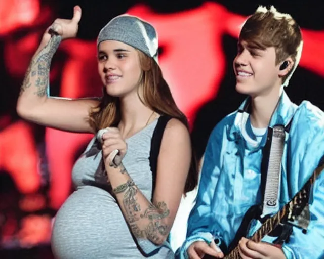 Prompt: “Justin Bieber pregnant while performing on stage”