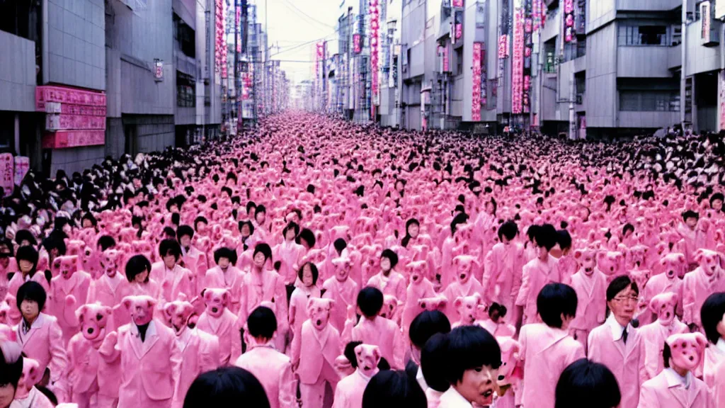 Image similar to a parade on the streets Tokyo everyone is dressed in pink and wearing pig masks, film still from the an anime directed by Katsuhiro Otomo with art direction by Salvador Dalí, wide lens