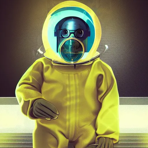 Image similar to A baby scientist with a hazmat suit in the lab, biohazard, detailed, award winning art by beeple