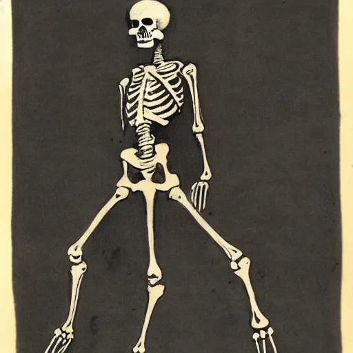 Image similar to a vintage drawing of a skeleton in a cloak made of shadows of the dead