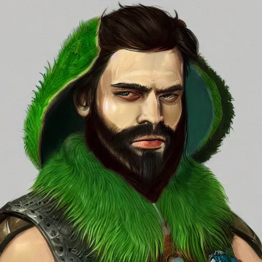 Prompt: A portrait of a king with a trimmed beard, dual wielding swords, wearing green dragon scale armor and a cheetah pelt cloak, fantasy, artstation