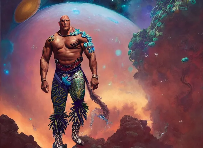 Image similar to the rock as a hawaiian warrior surrounded by intergalactic planets connected by streams of magical flow, sigma male, gigachad, visually stunning, luxurious, by james jean, jakub rebelka, tran nguyen, peter mohrbacher, yoann lossel, wadim kashin