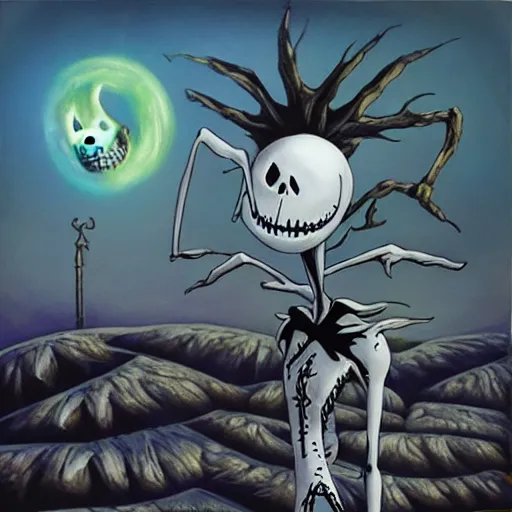 Image similar to “ a nightmare before christmas, jack skellington dances with sally, dystopian desert christmas, award winning, in the style of paul bonner, oil on canvas. ”