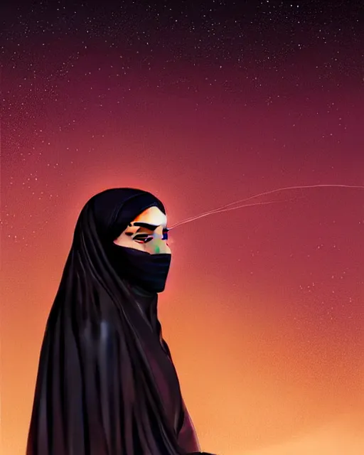 Image similar to Portrait of very very very very very very beautiful Arab woman wearing a Niqab, glowing magical eyes, energy trails, under giant full moon in the desert, intricate, elegant, highly detailed, digital painting, artstation, concept art, smooth, sharp focus, illustration, art by artgerm and greg rutkowski and alphonse mucha