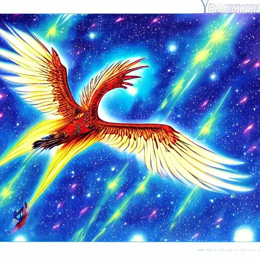 Image similar to a cosmic phoenix, wings spread, soaring through the cosmos by yusuke murata