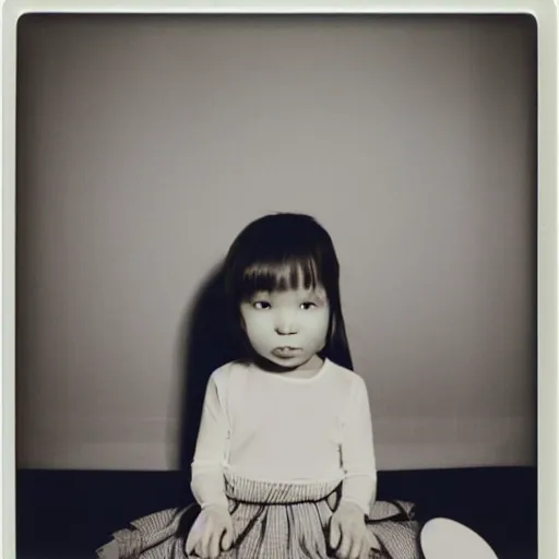 Image similar to a toddler girl sitting in a living room designed by yohji yamamoto, polaroid