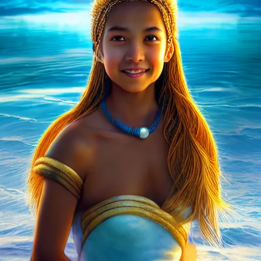 Prompt: beautiful serene intricate portrait of katara from the water tribe, smiling softly, relaxing on the beach, golden hour, soft focus, 8 k, art by irakli nadar, hyperrealism, hyperdetailed, ultra realistic