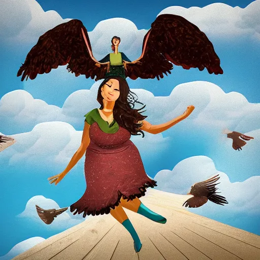 Image similar to Digital art of a woman riding a giant pigeon in the sky