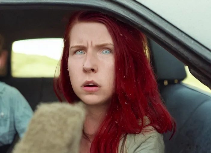 Image similar to A very high resolution image from a new movie, inside of a car, teen red hair woman, raining, hot, directed by wes anderson