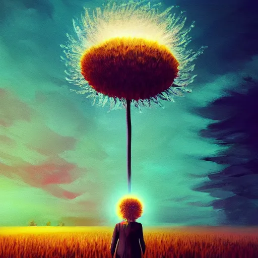 Image similar to giant daisy flower above head, frontal, a girl in a suit, surreal photography, sunrise, dramatic light, impressionist painting, digital painting, artstation, simon stalenhag