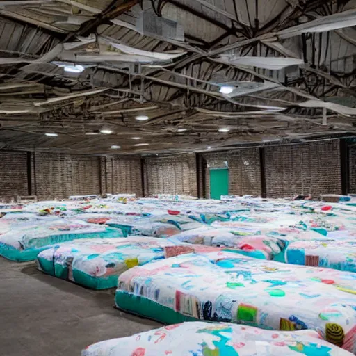 Image similar to a warehouse filled with forts made from mattresses