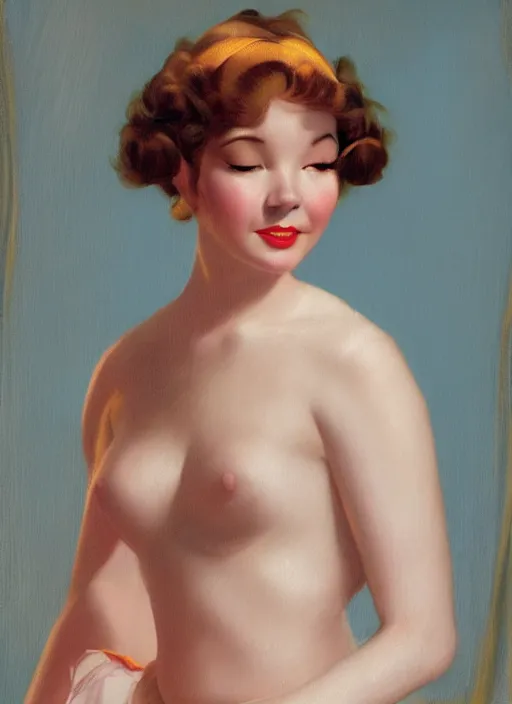 Image similar to portrait of young bjork. beautiful, pale. oil painting by gil elvgren, hugh ward, art frahm, hubbard sundblom, alberto vargas, fritz willis, beautiful woman, detailed matte painting, realistic portrait, symmetrical, bright colours, highly detailed, digital painting, artstation, concept art, smooth, sharp focus, illustration, cinematic lighting