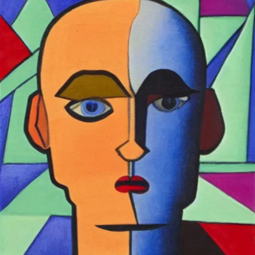 Prompt: 20 year old white bald man with a short length full brown beard and vibrant blue eyes staring gloomly. cubism painting.