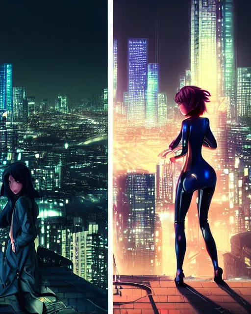 Prompt: a night rooftop scene by Liam Wong, close shot of a photorealistic beautiful half cyborg woman by Artgerm and NeoArtCorE on the rooftop looking at the city below, close shot of a photorealistic beautiful half cyborg woman by Artgerm and NeoArtCorE on the rooftop looking at the city below, the half cyborg woman is wearing a long trench coat