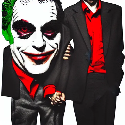 Image similar to mimmo rottela and banksy as joaquin phoenix skinny joker holding hand lady gaga harley queen, very realistic, intricate details, pop art style, concept art, confident, love, random object movement, 3 colours, proportional size, warm color, 4 k, ultra smooth, sharp focus