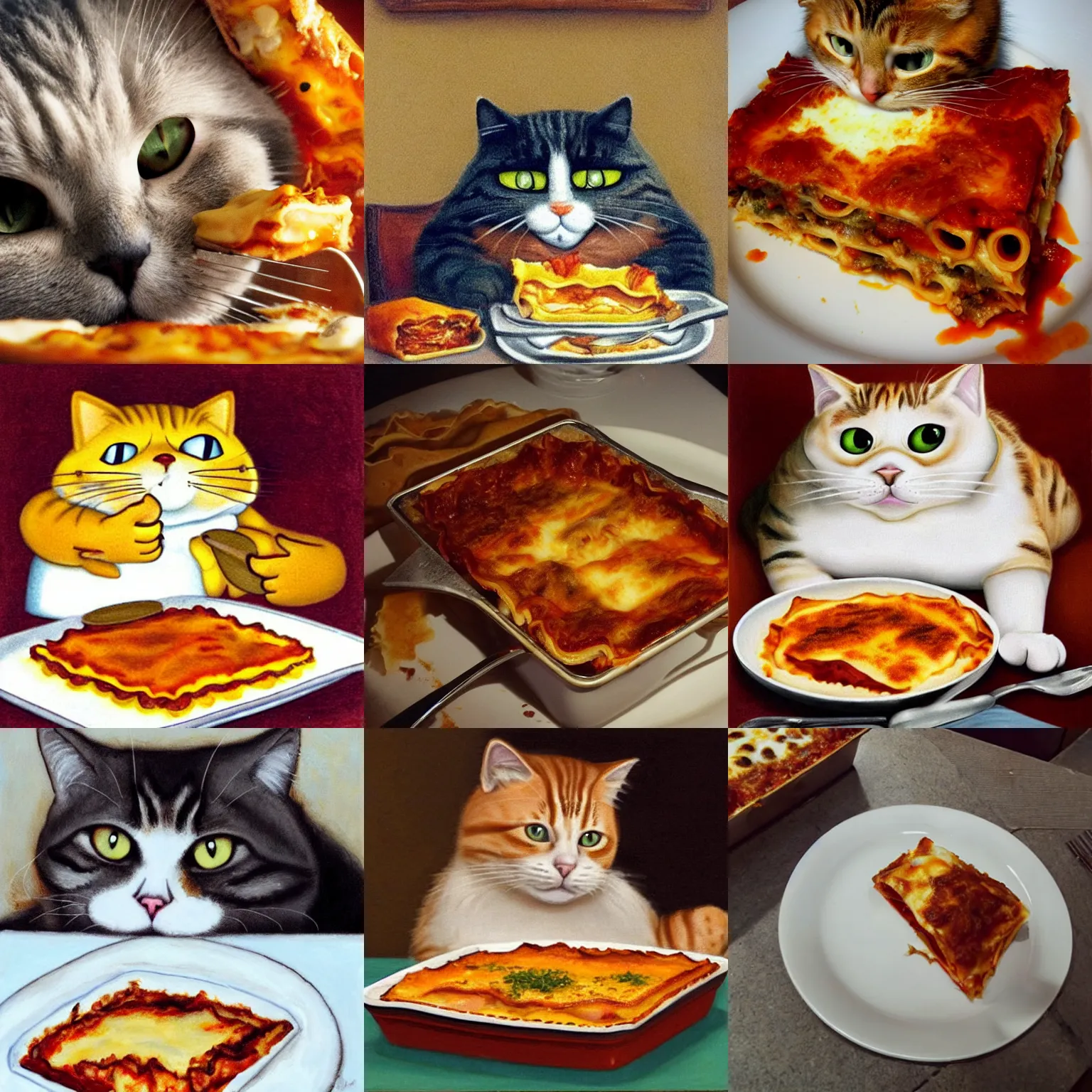 Prompt: A portrait of fat Garfield the cat eating Lasagne, cute eyes