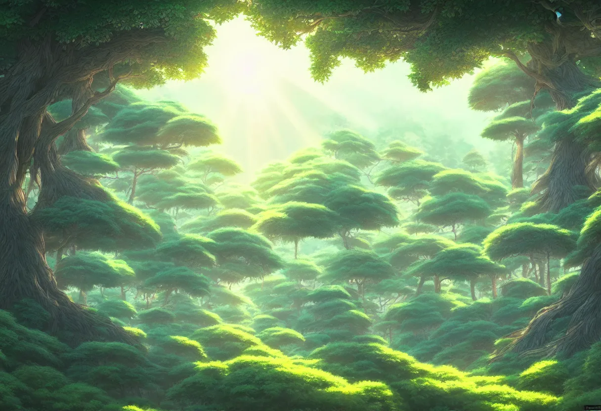 Image similar to a beautiful ultradetailed painting of forest, studio ghibli sunlight, archdaily, wallpaper, highly detailed, trending on artstation