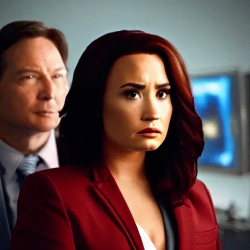 Image similar to close-up of Demi Lovato as Dana Scully with black hair in an X-Files movie directed by Christopher Nolan, movie still frame, promotional image, imax 35 mm footage