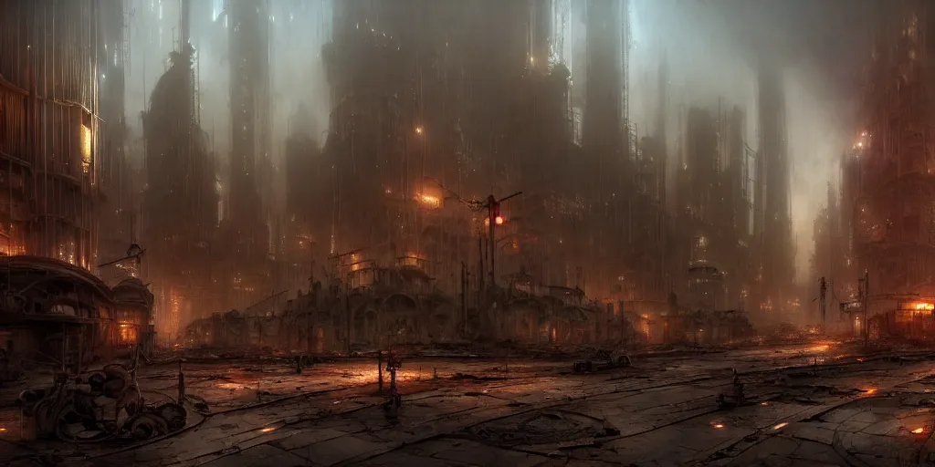 Prompt: an abandoned dystopian city, by federico pelat and craig mullins, ancient steampunk machinery, by michael weisheim beresin and james paick and stephan martiniere, concept art, hyperrealism, 8 k resolution, octane render, cinematic, ominous, intricate details, volumetric lighting, misty