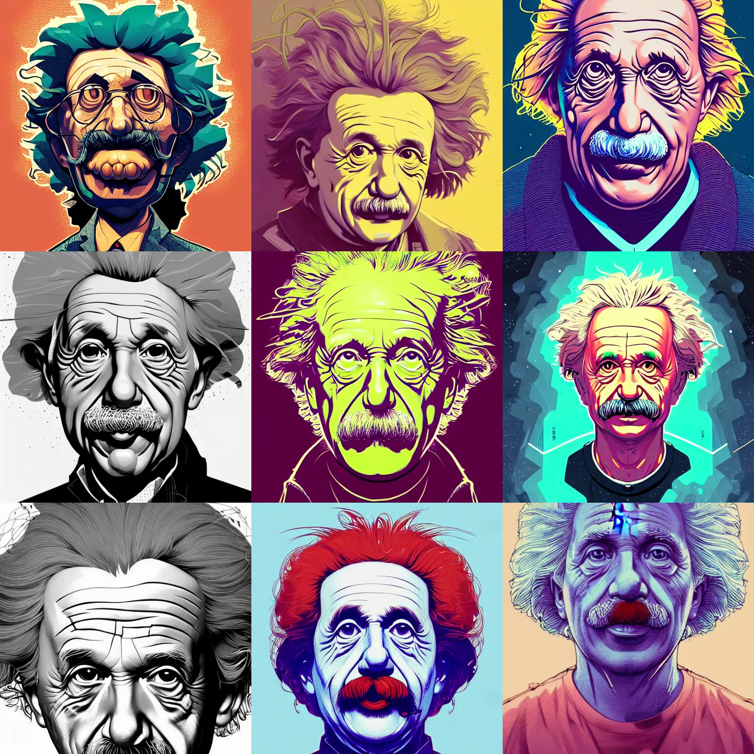 Prompt: cell shaded portrait of einstein head, bitcoin concept art, llustration, post grunge, concept art by josan gonzales and wlop, by james jean, victo ngai, david rubin, mike mignola, laurie greasley, highly detailed, sharp focus, alien, trending on artstation, hq, deviantart, art by artgem