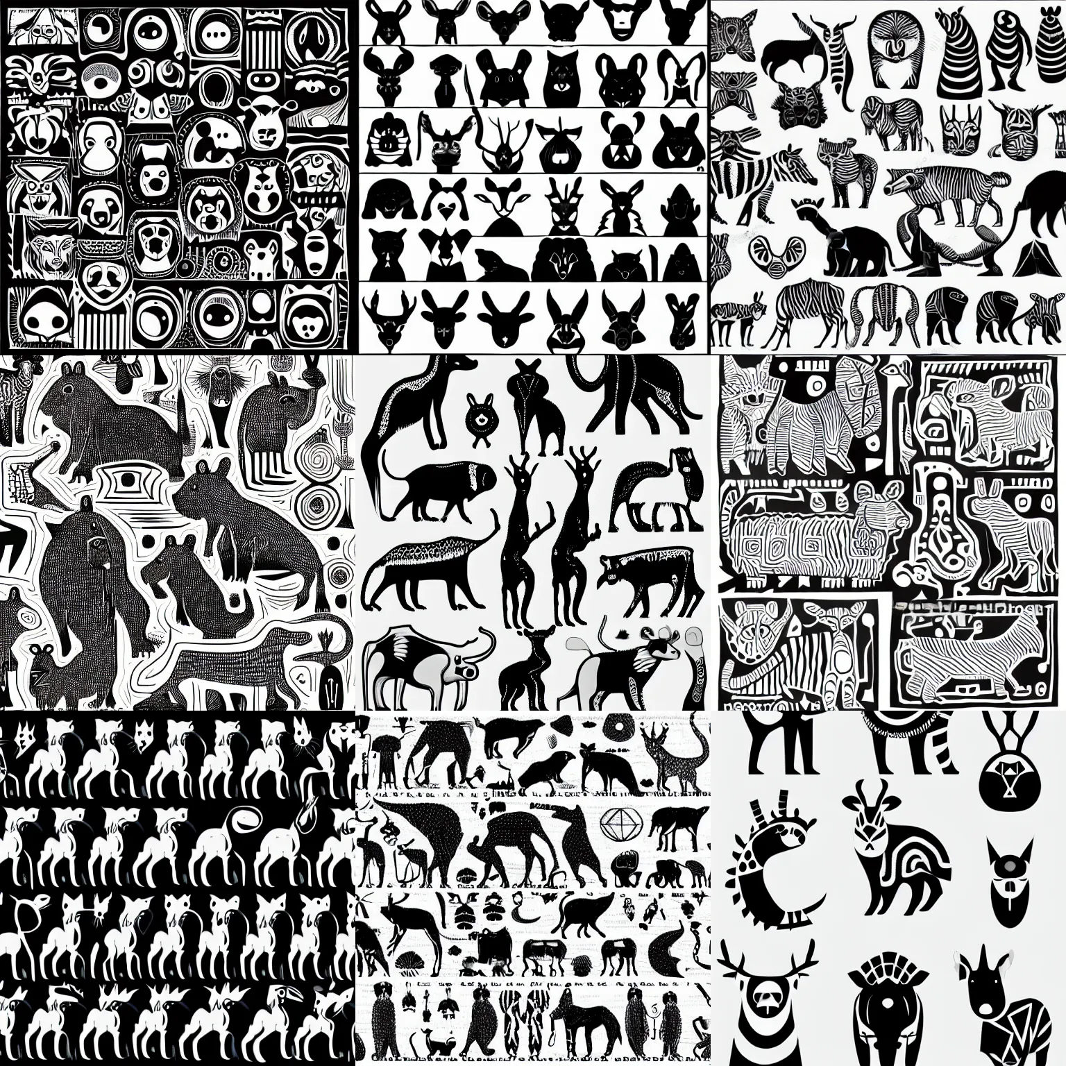 Prompt: animals aboriginal clean shapes by bauhaus, tribal, sprite sheet, b & w