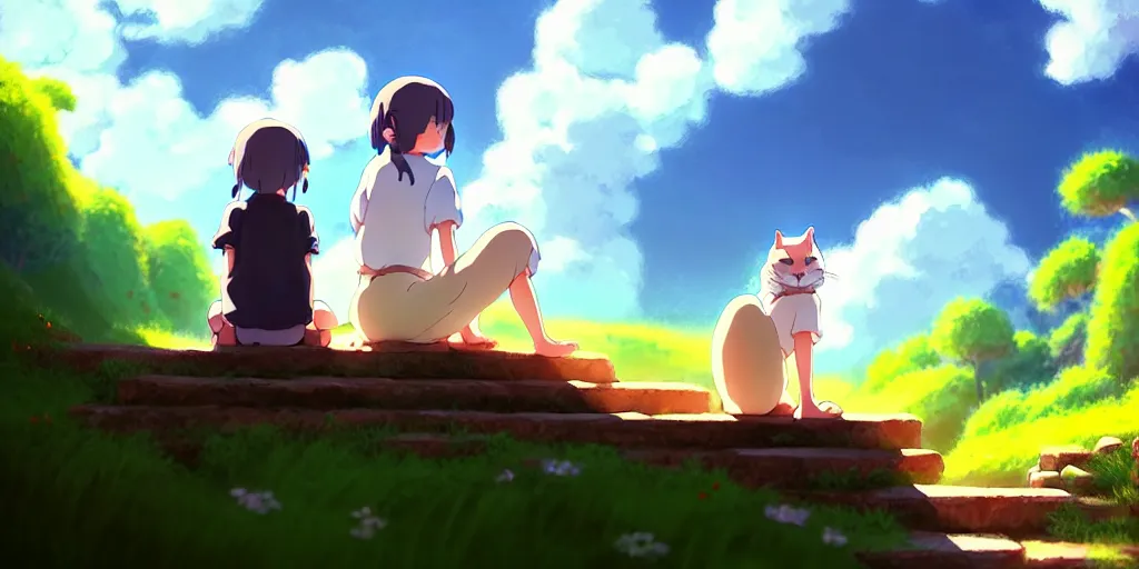 Image similar to the girl and the cat, sitting on stairs. morning in a small village in the mountains, rocky roads, beautifull puffy clouds. anime, studio ghibli. intricate, beautiful, cinematic. professional digital painting, artstation, concept art, smooth, Unreal Engine 5, 8k, cinema 4d, 3D