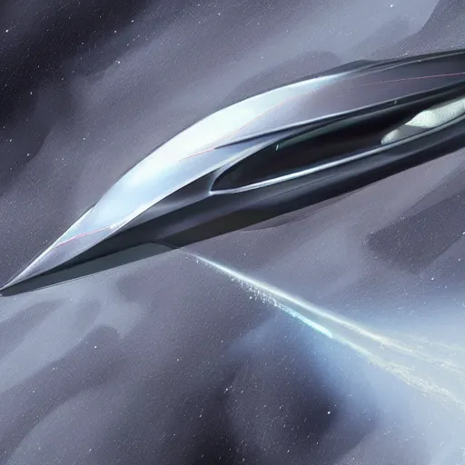 Prompt: a distant photo of a futuristic aston martin concept spaceship with clean lines, gunmetal grey paint : : flying through a supernova at extreme speeds : : concept art, trending on artstation, speedpaint