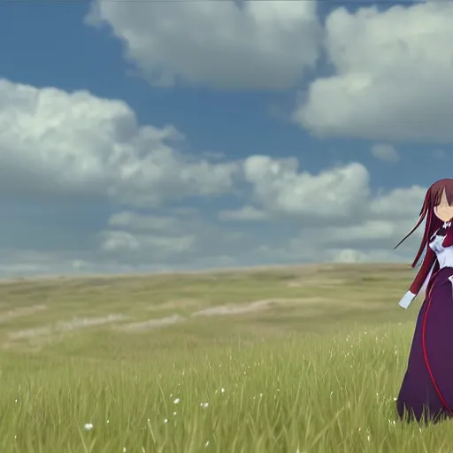 Image similar to yuuki asuna in her wedding dress on a vast field, extremely long hair, unreal engine